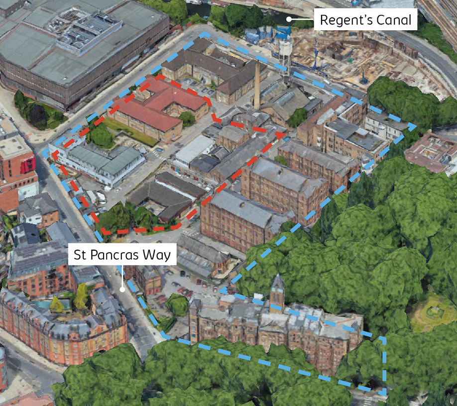 Aerial view showing the five acre St Pancras Hospital site and the current buildings with our two acre site outlined. Our proposed site is located in the north west corner of the site adjacent to St Pancras Way and Granary Street.