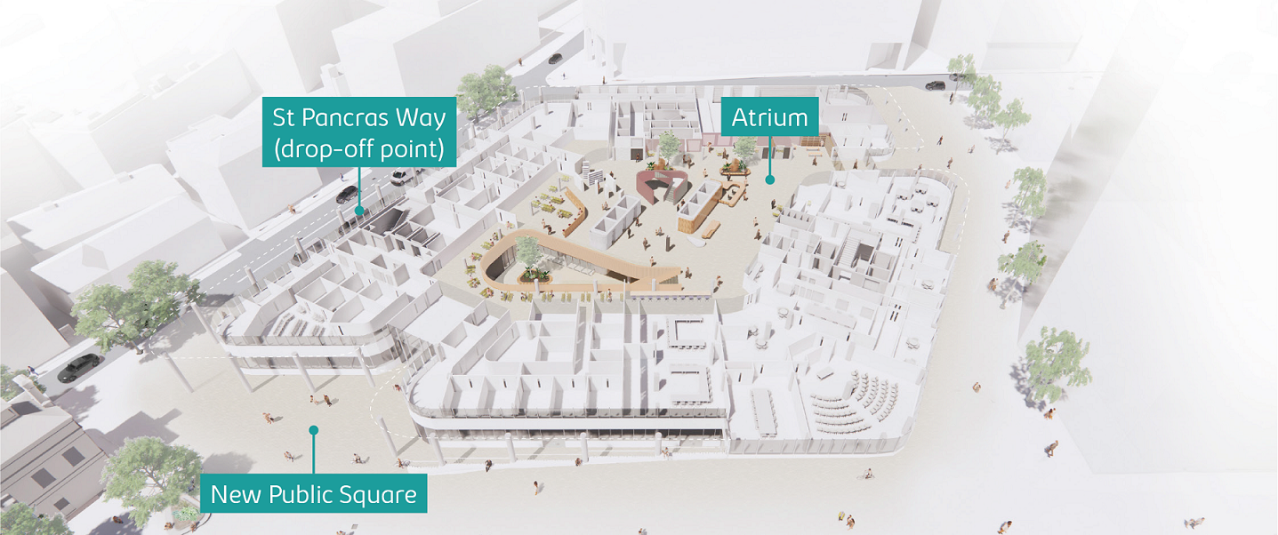 Computer generated image showing ground floor of the proposed new centre and two new public squares that will be created to the east and south west of the building where there will be entrances to the building. The patient drop off area is located on St Pancras Way.